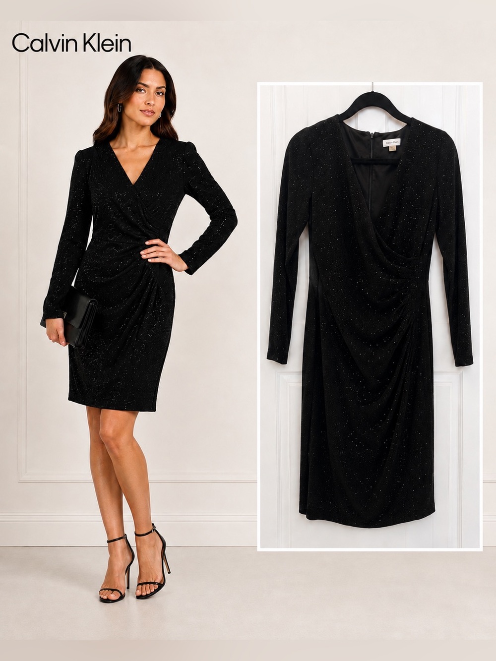 Calvin Klein Black Sparkle Draped Faux-Wrap Dress | NWOT